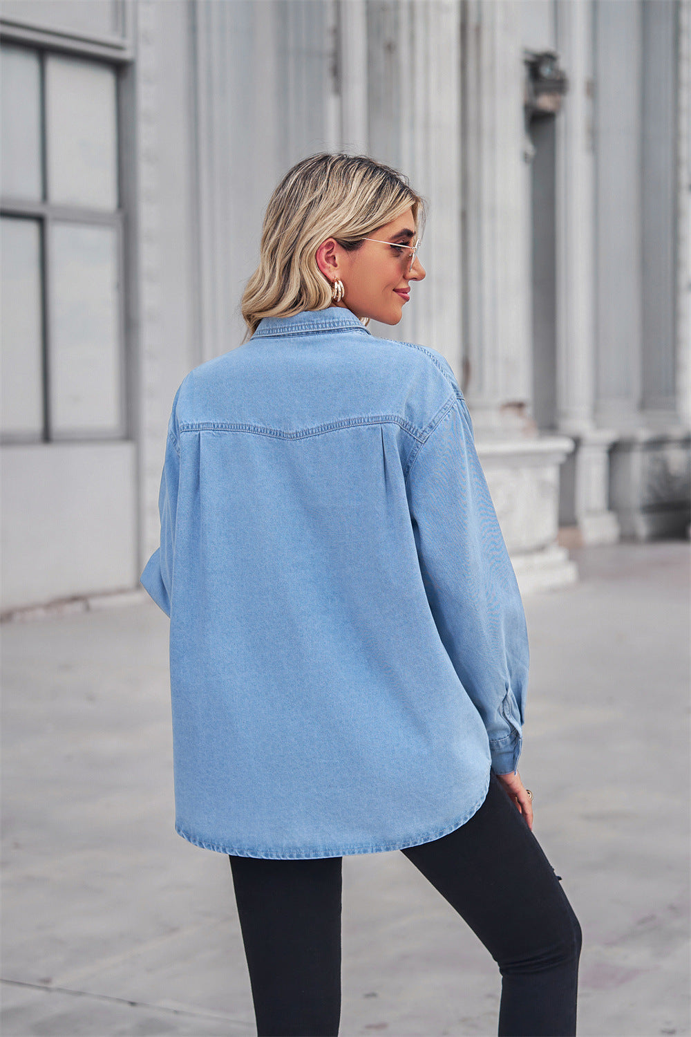 Collared Neck Dropped Shoulder Denim Top - Myfave Denim