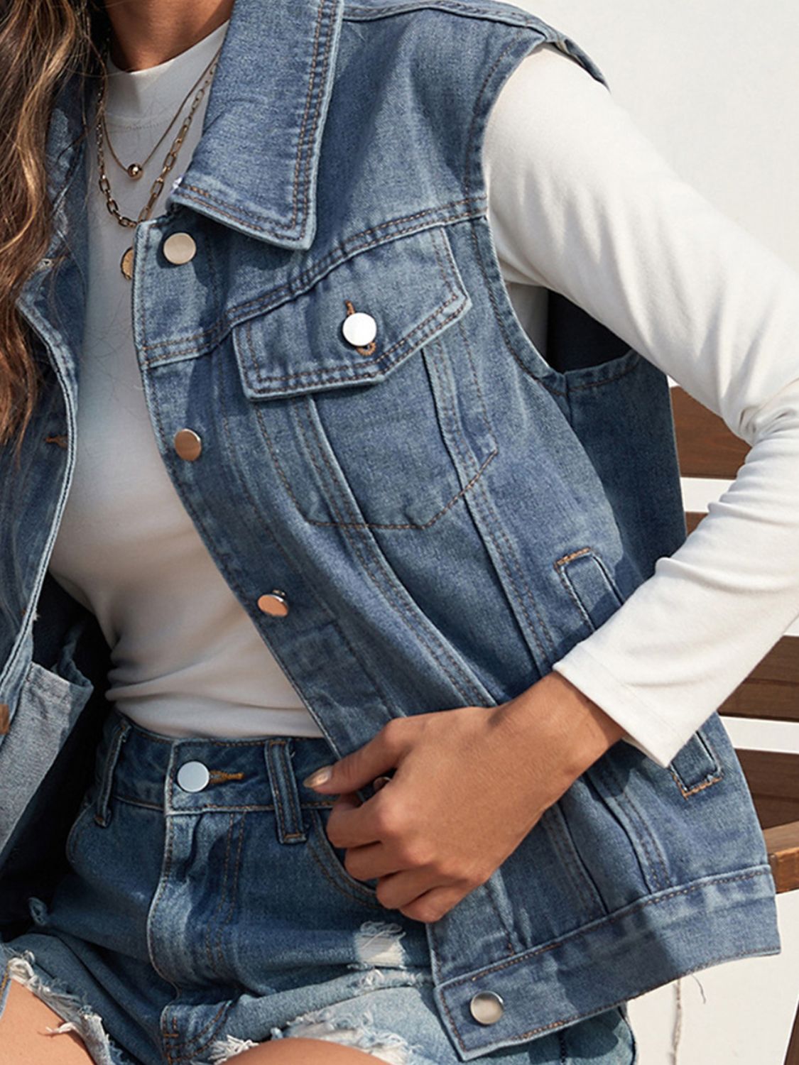 Collared Neck Sleeveless Denim Jacket - Myfave Denim