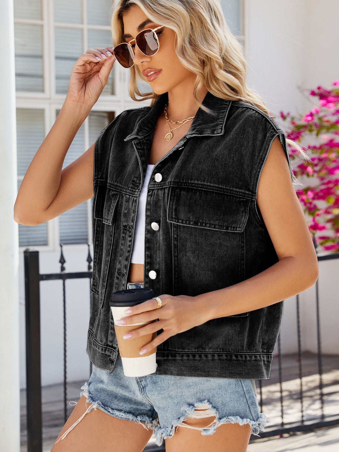 Pocketed Button Up Sleeveless Denim Jacket - Myfave Denim