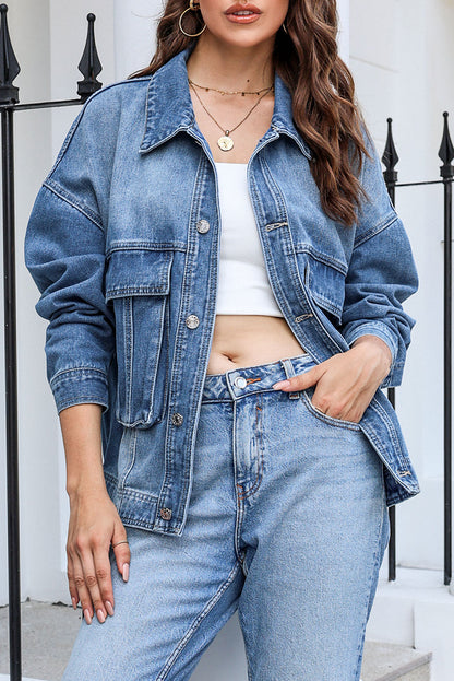 Button Up Dropped Shoulder Denim Jacket with Pockets - Myfave Denim