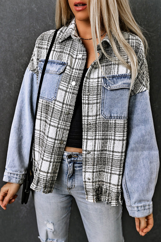 Plaid Pocketed Snap Down Denim Jacket - Myfave Denim