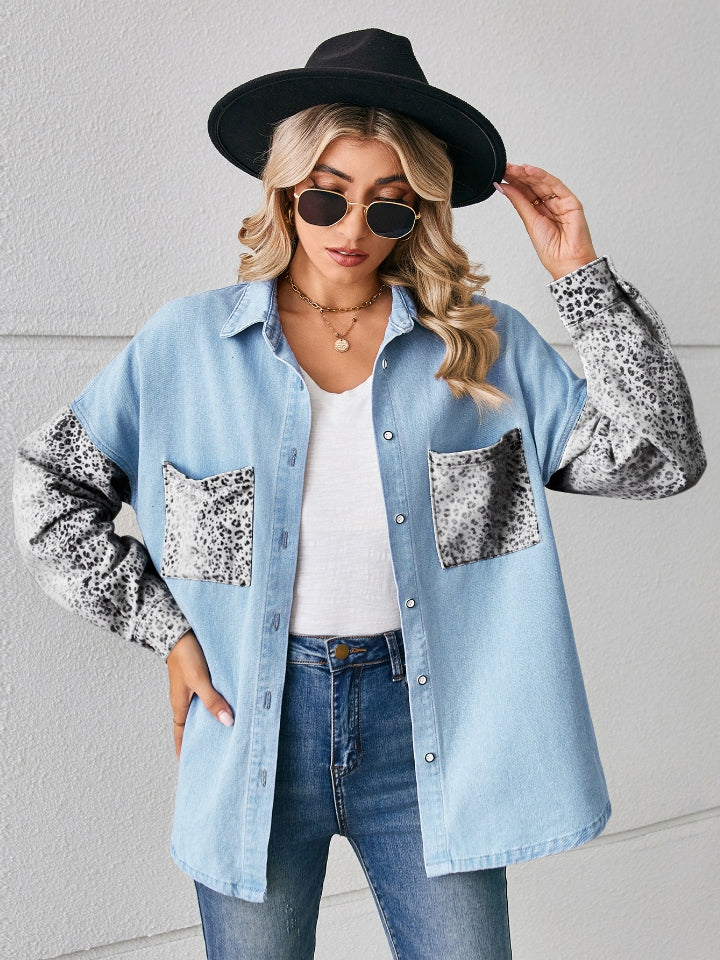 Leopard Button Up Denim Jacket - Myfave Denim