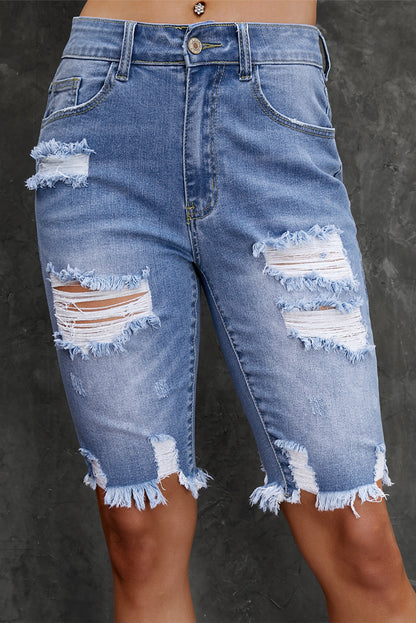 Distressed Frayed Hem Denim Bermuda Shorts - Myfave Denim