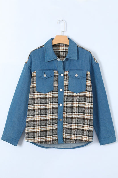 Plaid Pocketed Button Up Denim Jacket - Myfave Denim