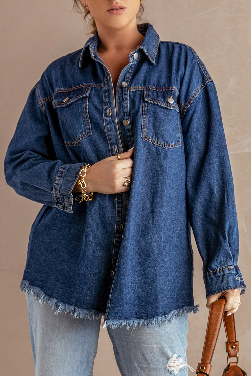 Button Up Pocketed Raw Hem Denim Jacket - Myfave Denim