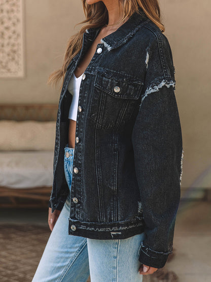 Button Up Raw Hem Distressed Denim Jacket - Myfave Denim