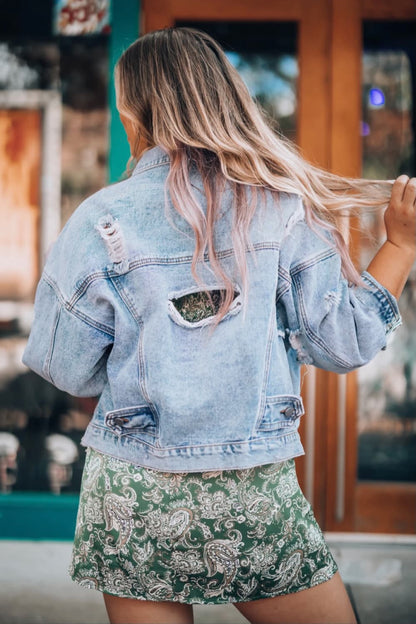 Distressed Drop Shoulder Denim Jacket - Myfave Denim