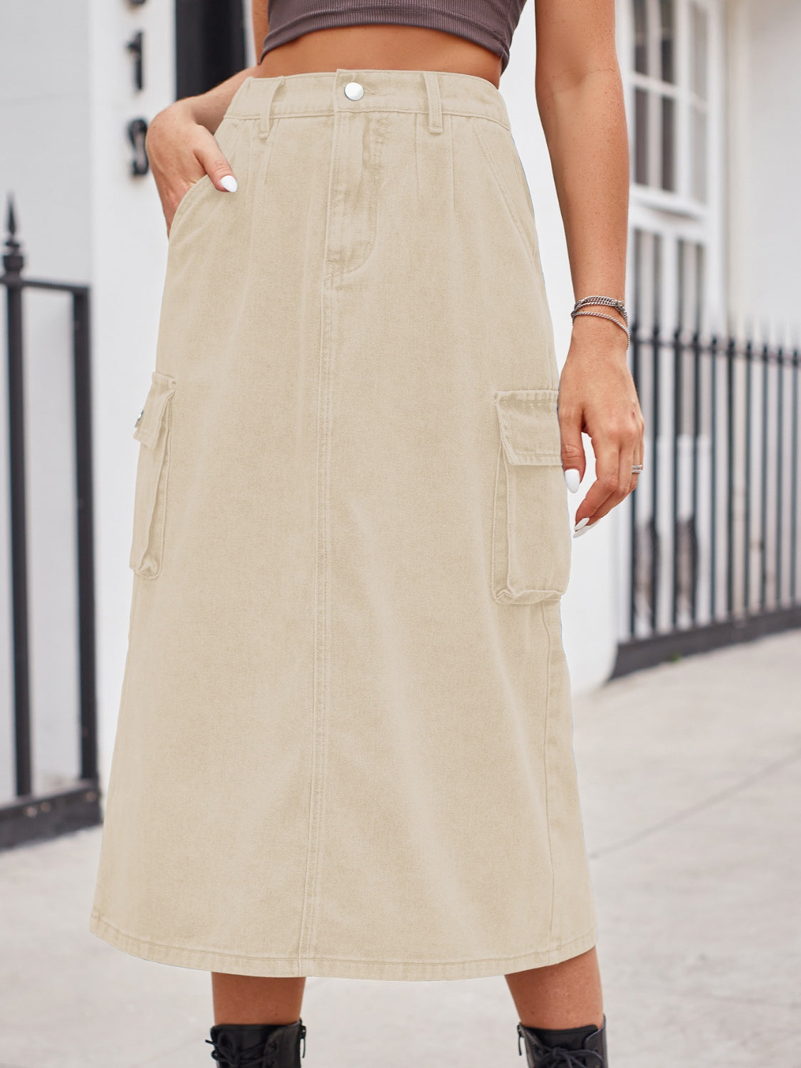 Slit Buttoned Denim Skirt with Pockets - Myfave Denim