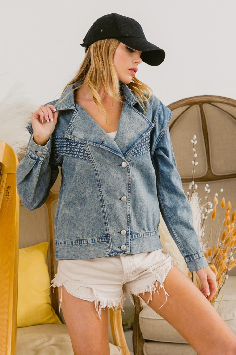 BiBi Button Up Long Sleeve Denim Jacket - Myfave Denim