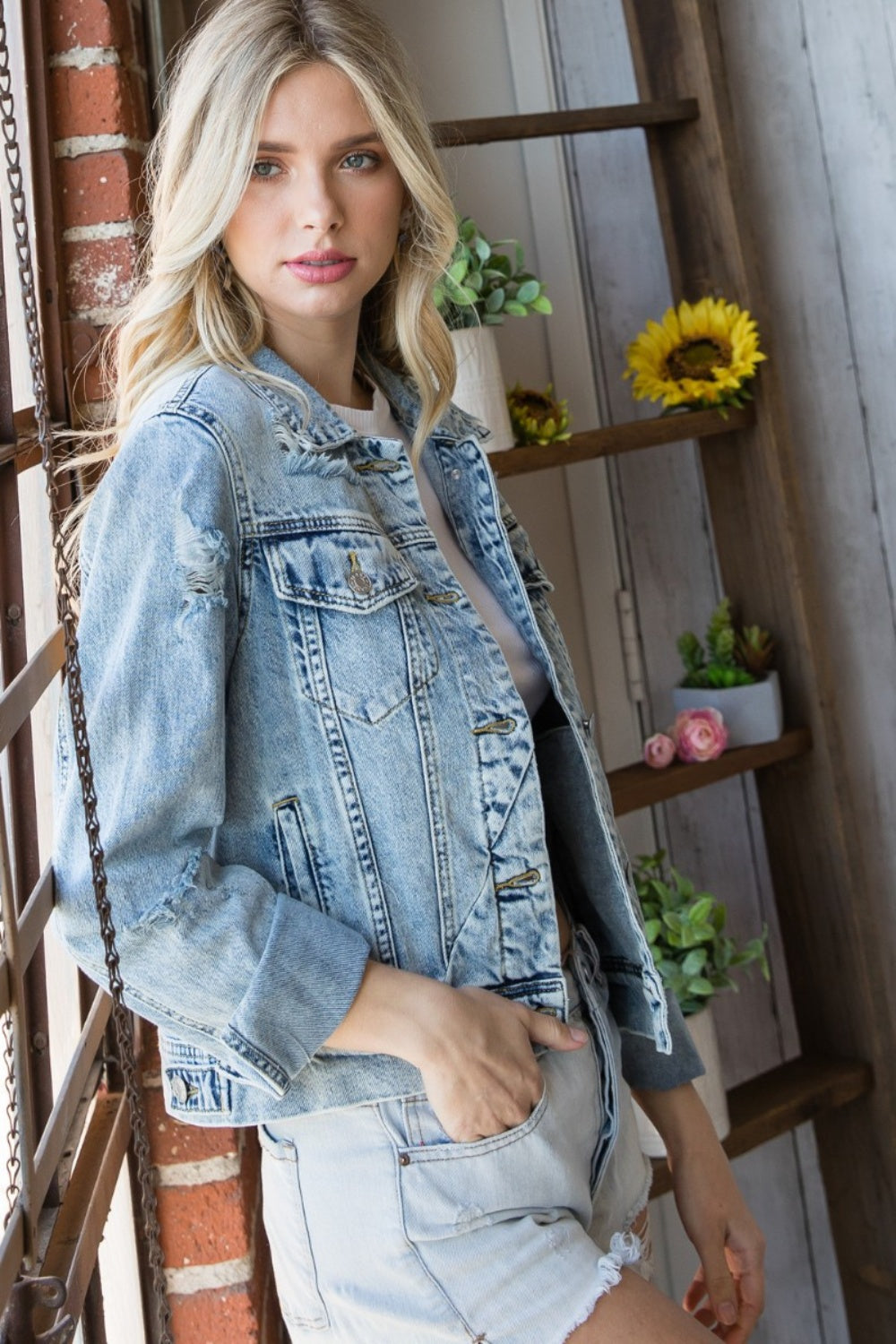 Veveret Distressed Button Up Denim Jacket - Myfave Denim