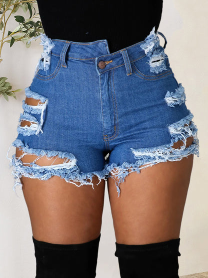 Distressed Raw Hem Denim Shorts with Pockets - Myfave Denim