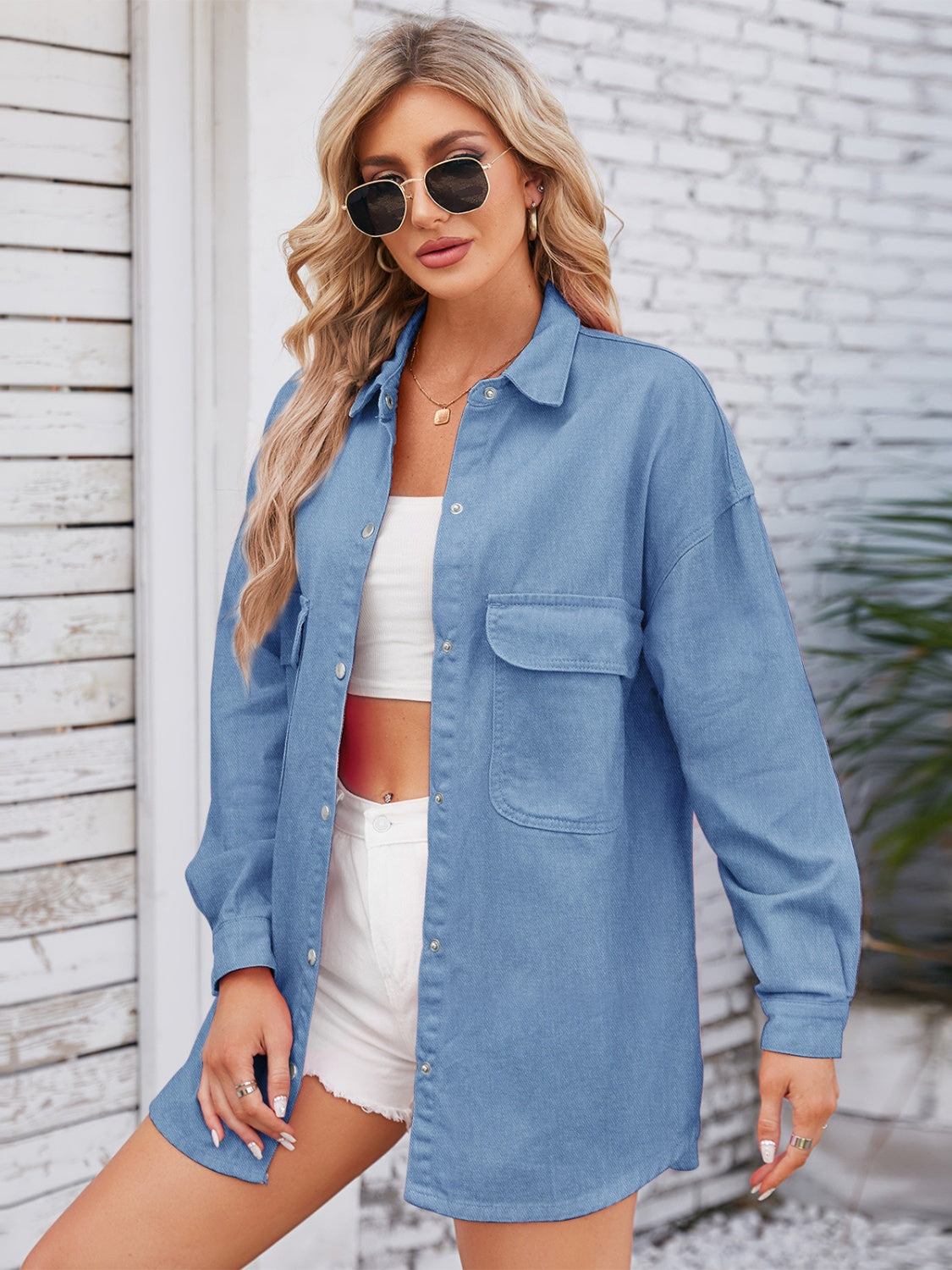 Pocketed Snap Down Dropped Shoulder Denim Shacket - Myfave Denim