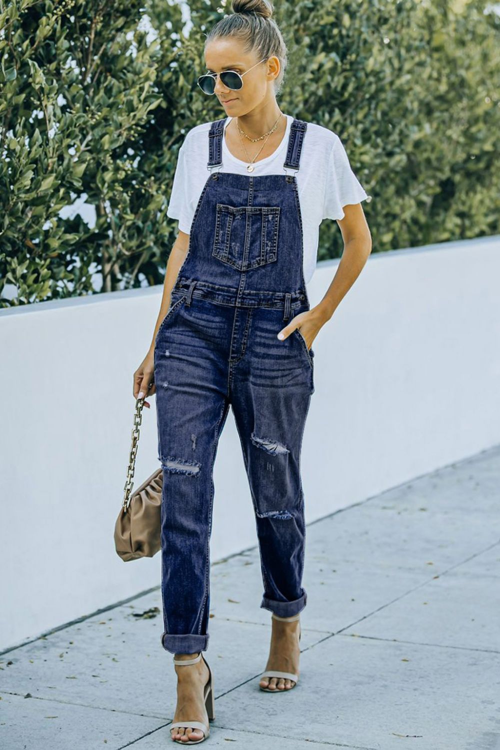 Pocketed Distressed Denim Overalls - Myfave Denim