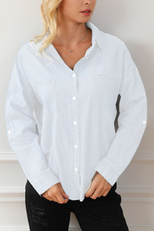 Pocketed Button Up Long Sleeve Denim Shirt - Myfave Denim