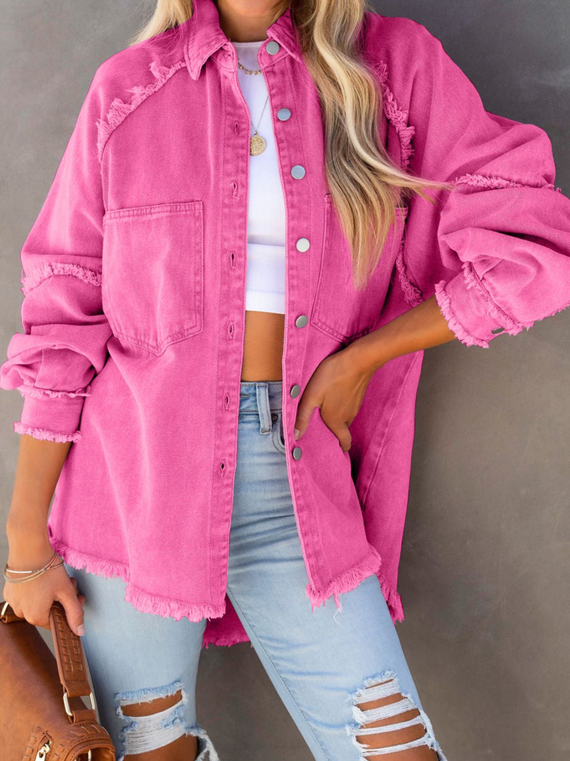 Button Down Raw Hem Denim Jacket - Myfave Denim