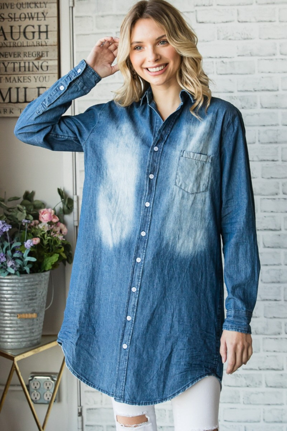 Veveret Pocketed Button Up Washed Denim Shirt - Myfave Denim