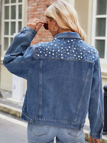 Pearl Detail Collared Neck Long Sleeve Denim Jacket - Myfave Denim