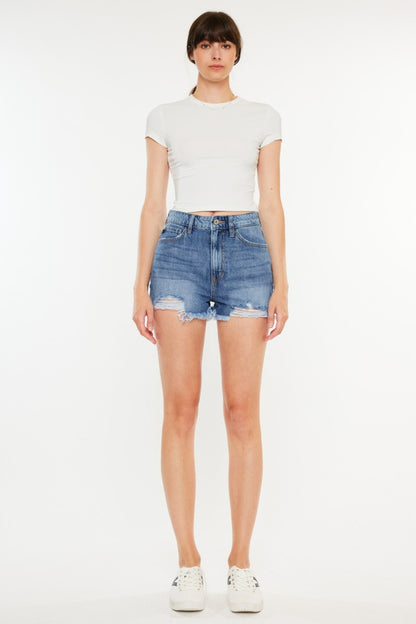 Kancan Distressed Raw Hem High Waist Denim Shorts - Myfave Denim