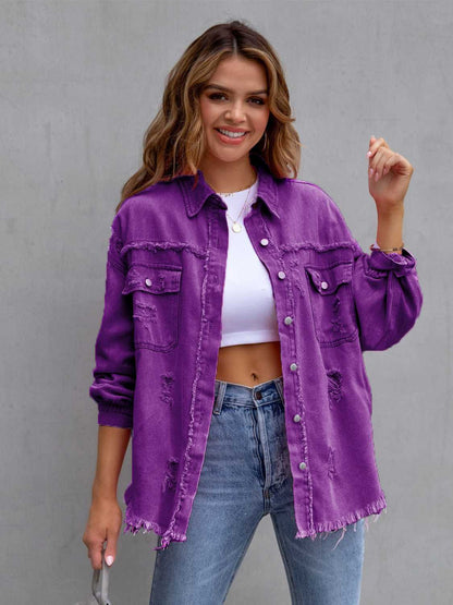 Distressed Drop Shoulder Denim Jacket - Myfave Denim