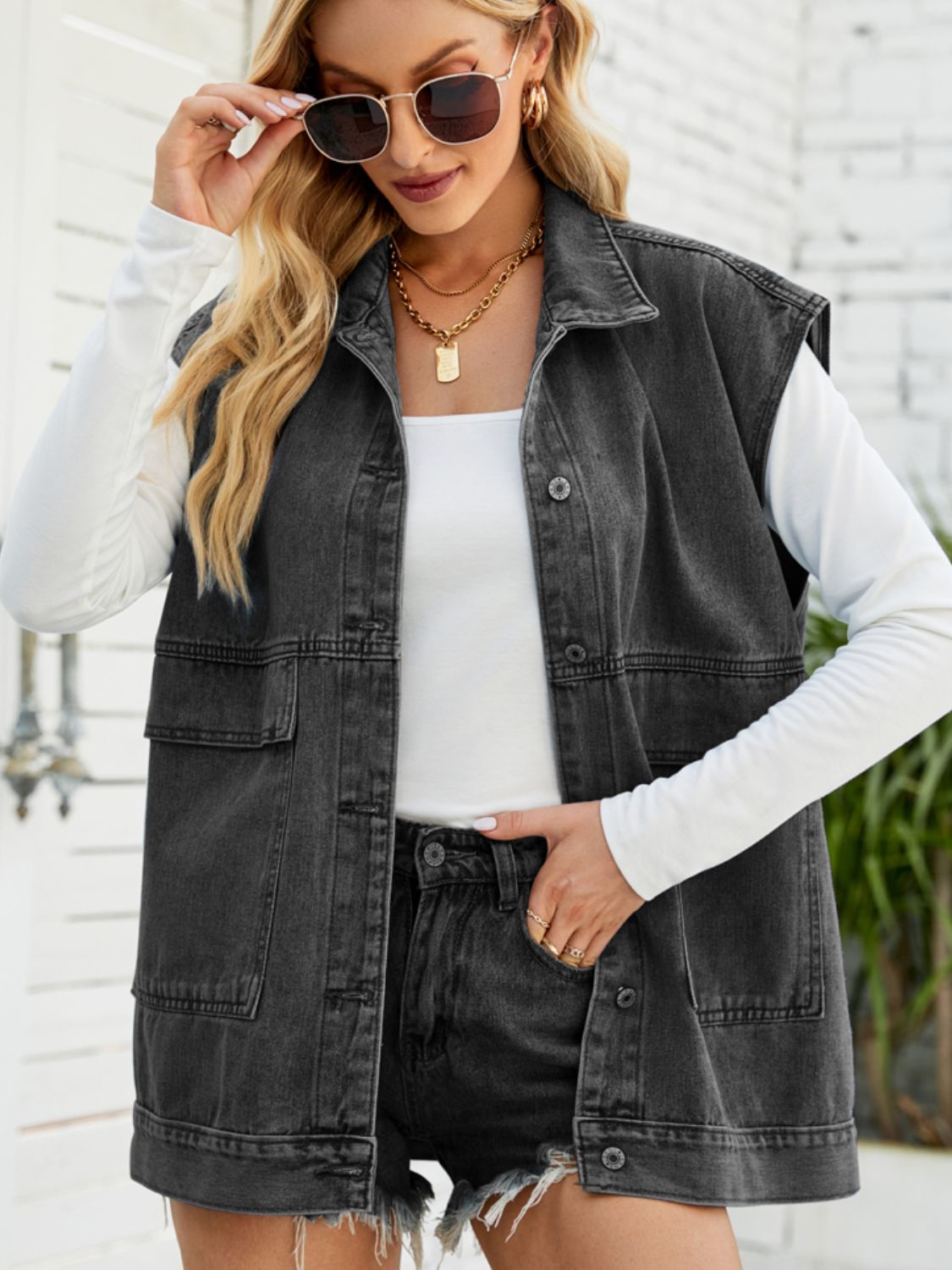 Collared Neck Sleeveless Denim Top with Pockets - Myfave Denim