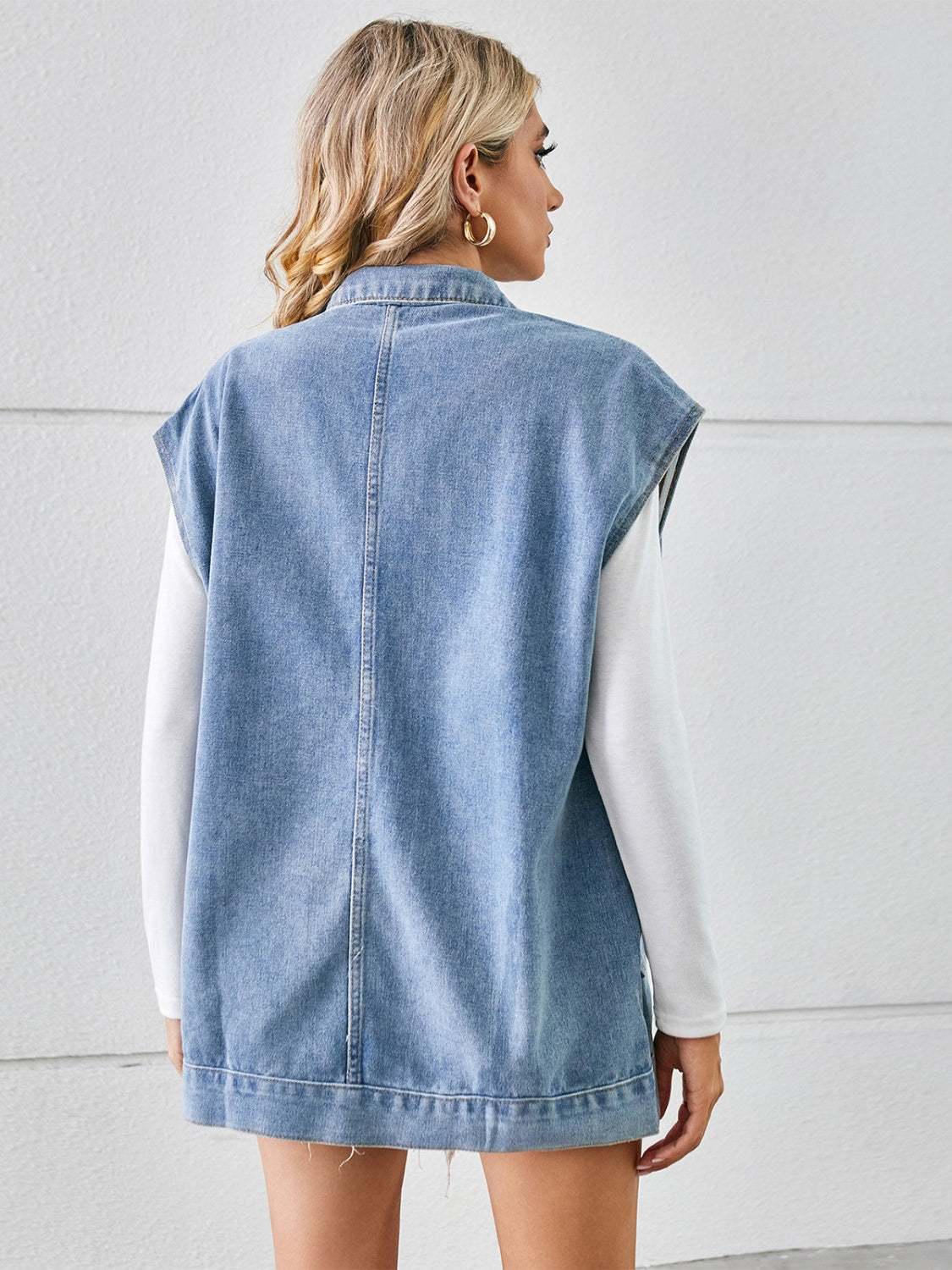 Pocketed Button Up Sleeveless Denim Jacket - Myfave Denim