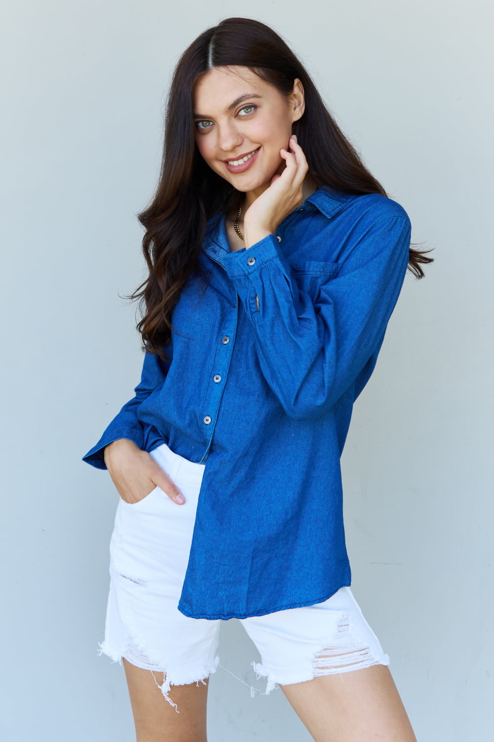 Doublju Blue Jean Baby Denim Button Down Shirt Top in Dark Blue - Myfave Denim