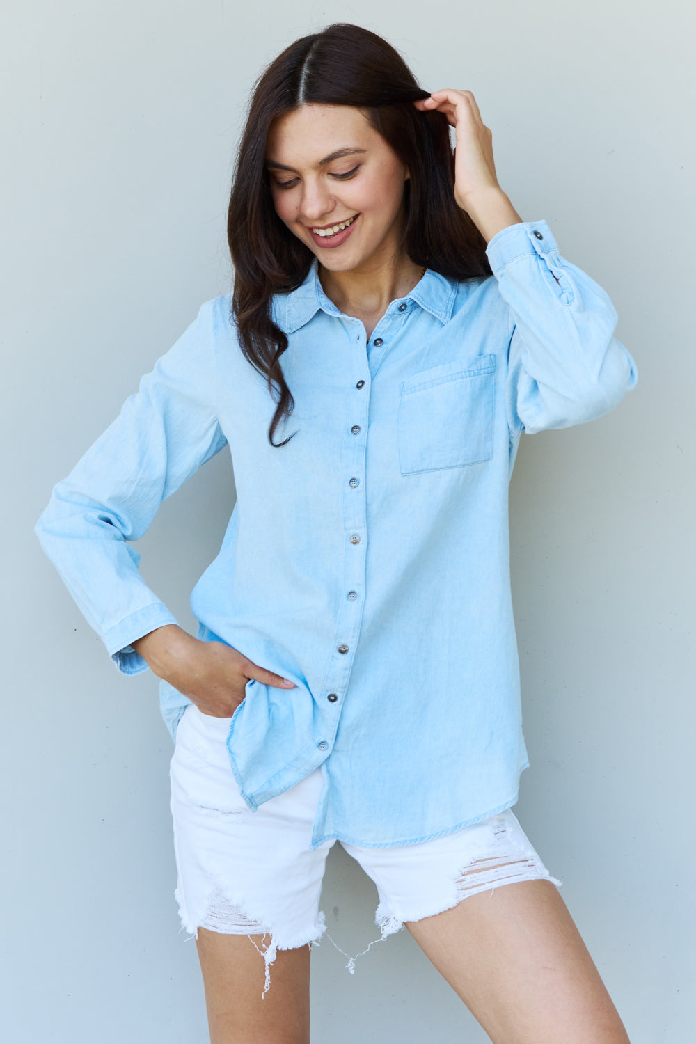 Doublju Blue Jean Baby Denim Button Down Shirt Top in Light Blue - Myfave Denim