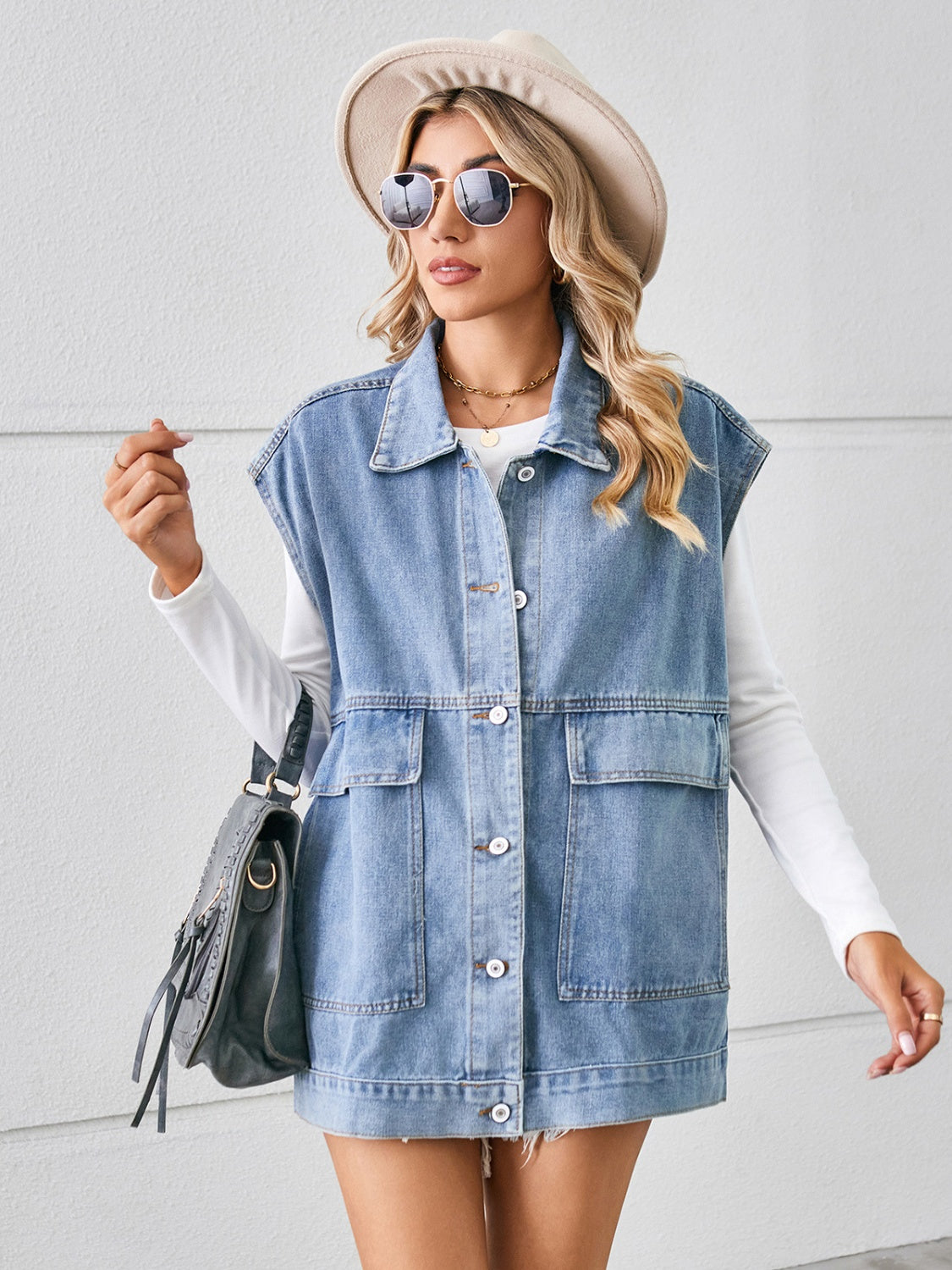 Pocketed Button Up Sleeveless Denim Jacket - Myfave Denim