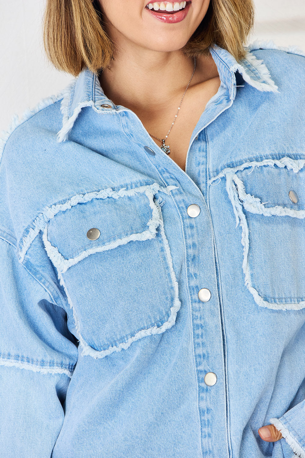 PEACE Raw Hem Dropped Shoulder Denim Top - Myfave Denim