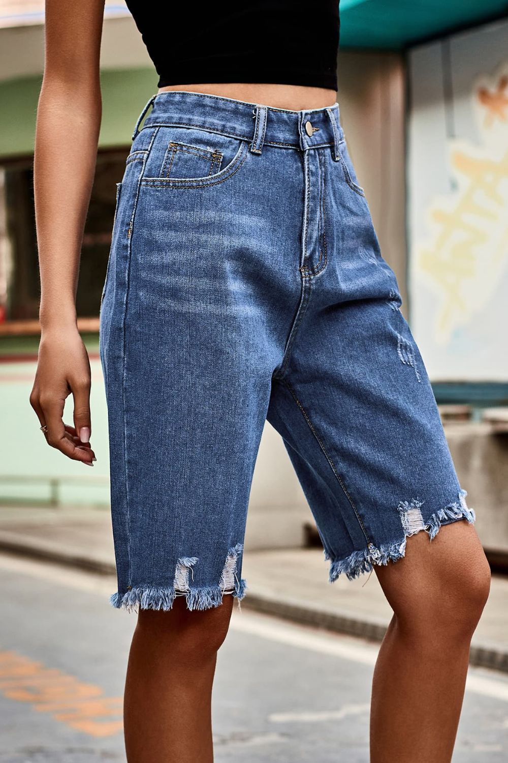 Raw Hem High Waist Denim Shorts with Pockets