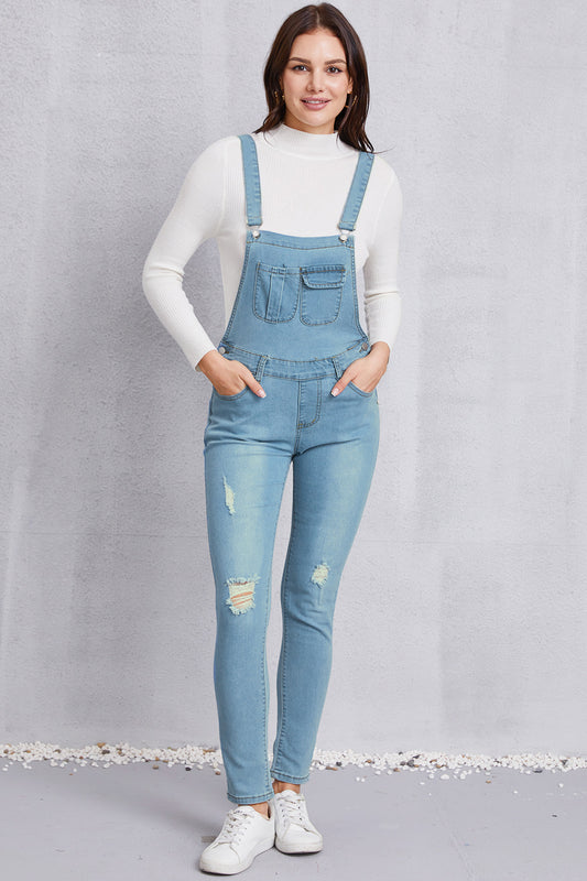 Distressed Washed Denim Overalls with Pockets - Myfave Denim