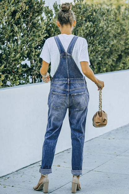 Pocketed Distressed Denim Overalls - Myfave Denim