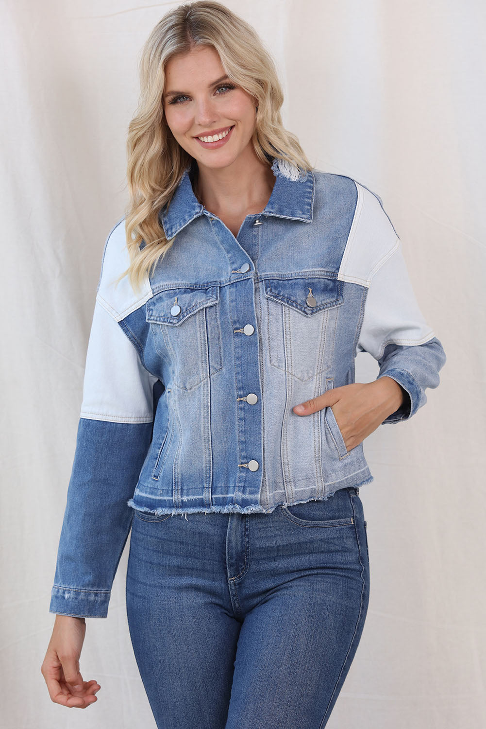 Color Block Distressed Button Up Denim Jacket - Myfave Denim