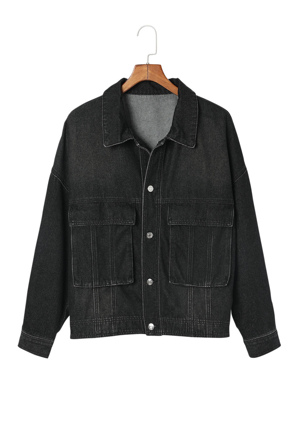 Button Up Dropped Shoulder Denim Jacket with Pockets - Myfave Denim