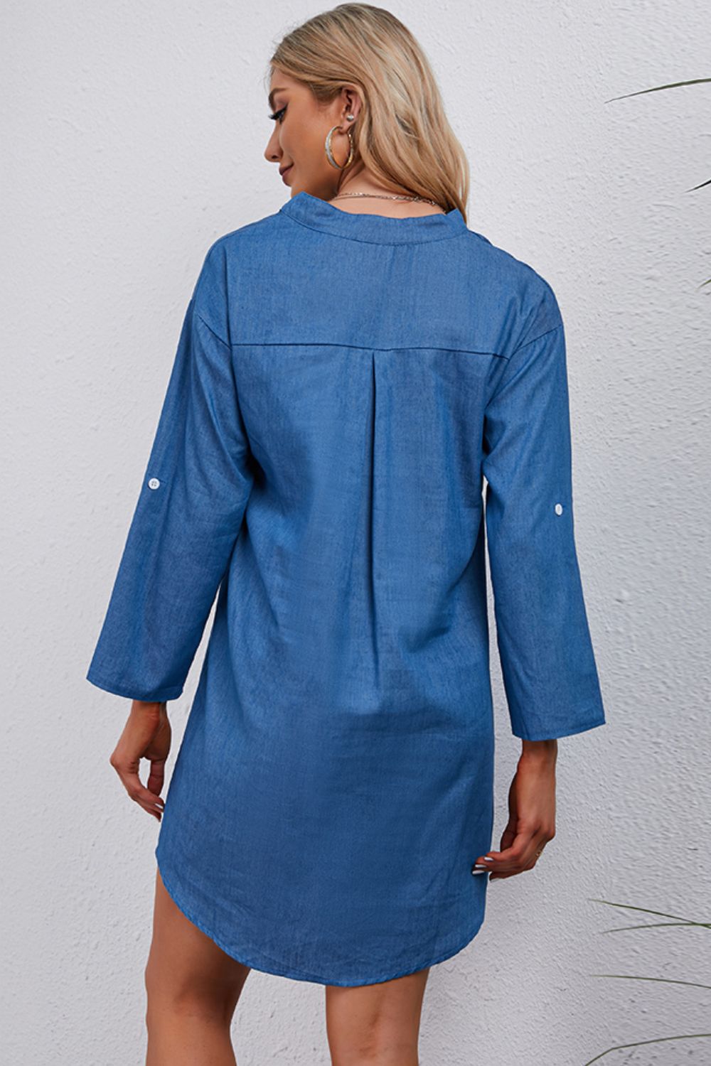 Half-Button Notched Neck High-Low Denim Dress - Myfave Denim