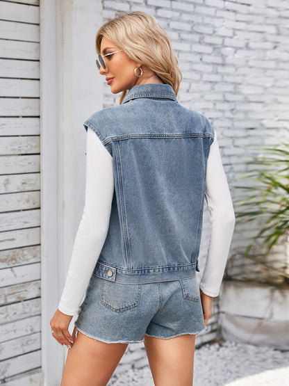 Button Up Cap Sleeve Denim Jacket - Myfave Denim