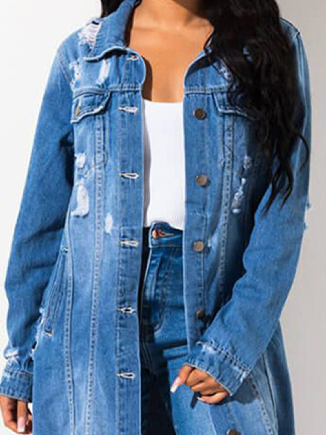 Long Sleeve Raw Hem Denim Jacket - Myfave Denim