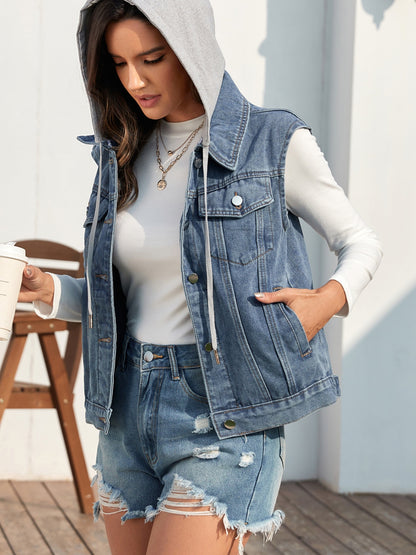 Pocketed Button Up Hooded Denim Jacket - Myfave Denim