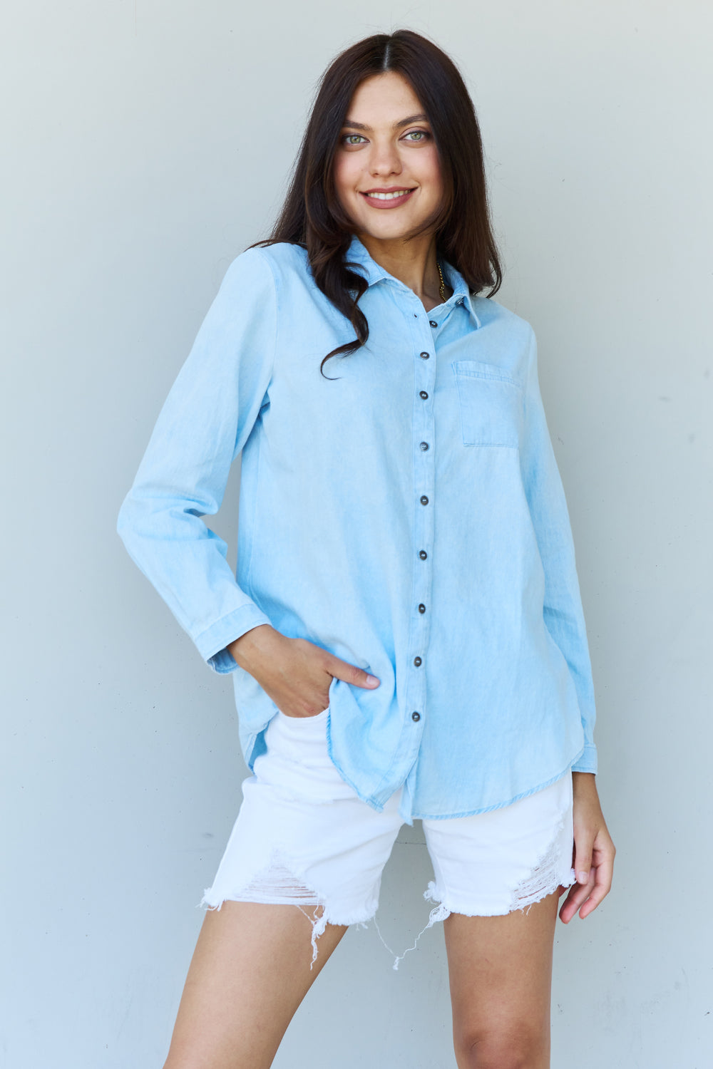 Doublju Blue Jean Baby Denim Button Down Shirt Top in Light Blue - Myfave Denim