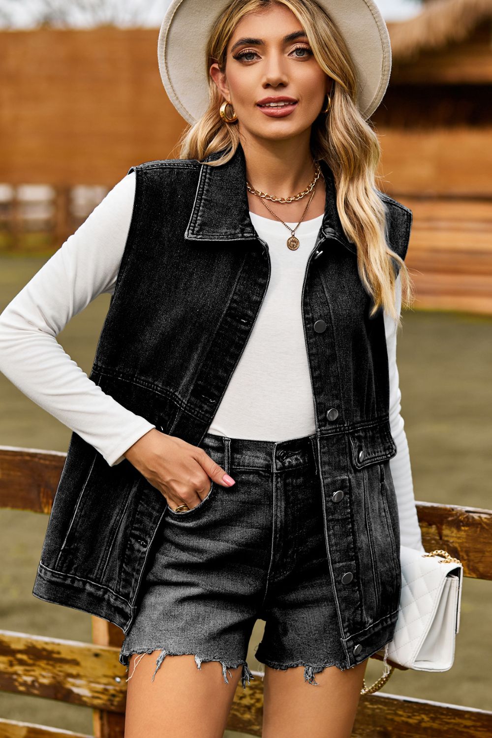 Sleeveless Collared Neck Denim Top with Pockets - Myfave Denim