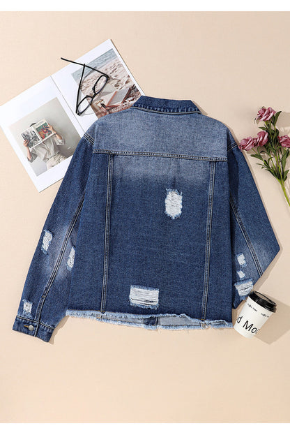 Plus Size Distressed Button Up Raw Hem Denim Jacket - Myfave Denim