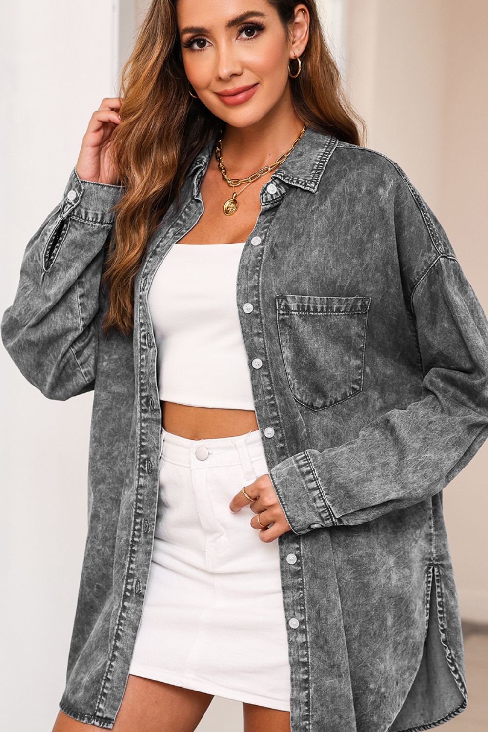 Button Up Dropped Shoulder Denim Top - Myfave Denim