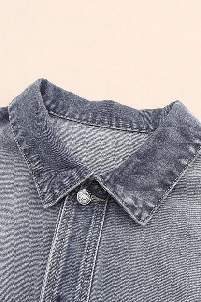 Button Up Dropped Shoulder Denim Jacket with Pockets - Myfave Denim