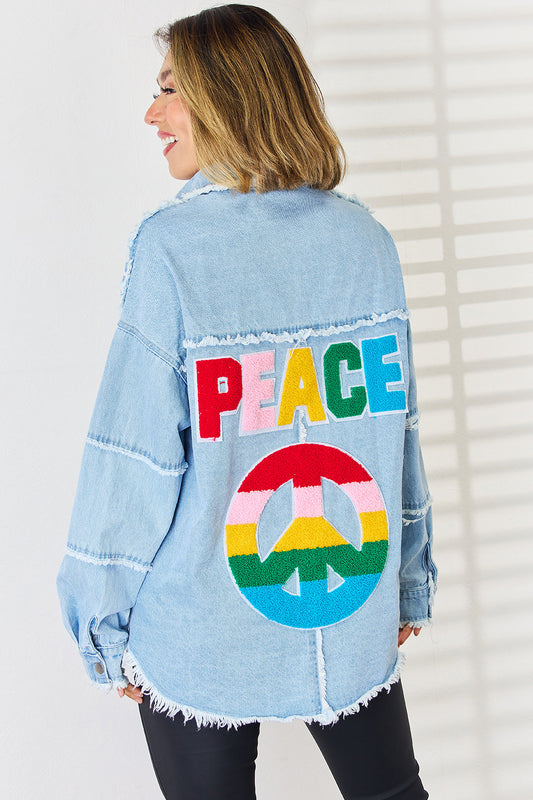 PEACE Raw Hem Dropped Shoulder Denim Top - Myfave Denim