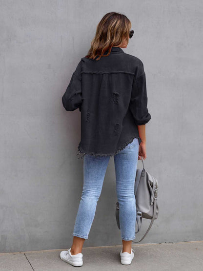 Distressed Drop Shoulder Denim Jacket - Myfave Denim