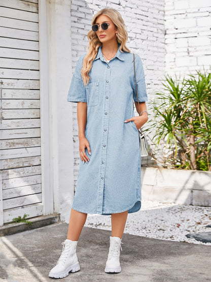 Button Up Dropped Shoulder Denim Dress - Myfave Denim