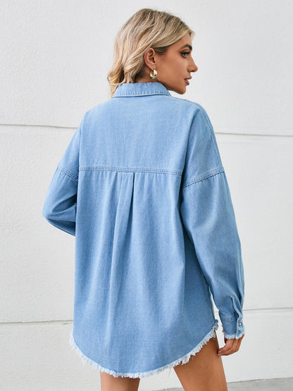 Distressed Raw Hem Dropped Shoulder Denim Jacket - Myfave Denim