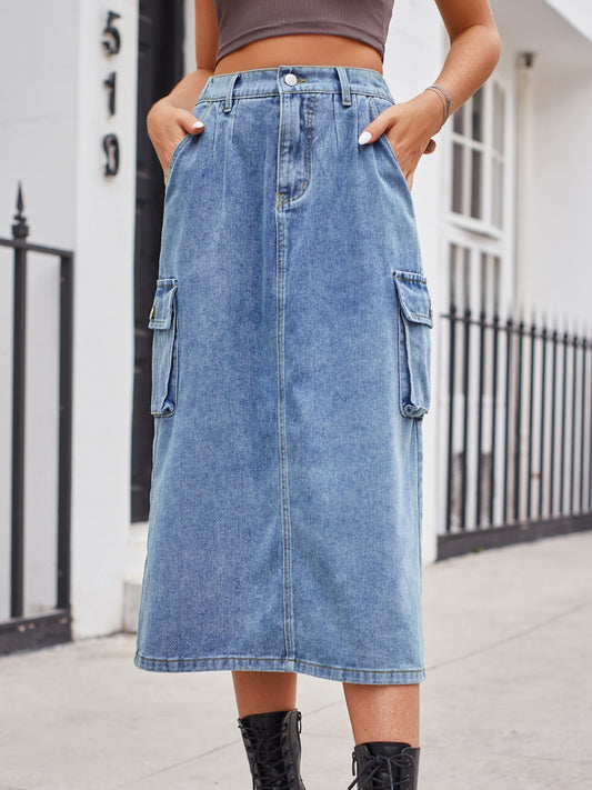 Slit Buttoned Denim Skirt with Pockets - Myfave Denim