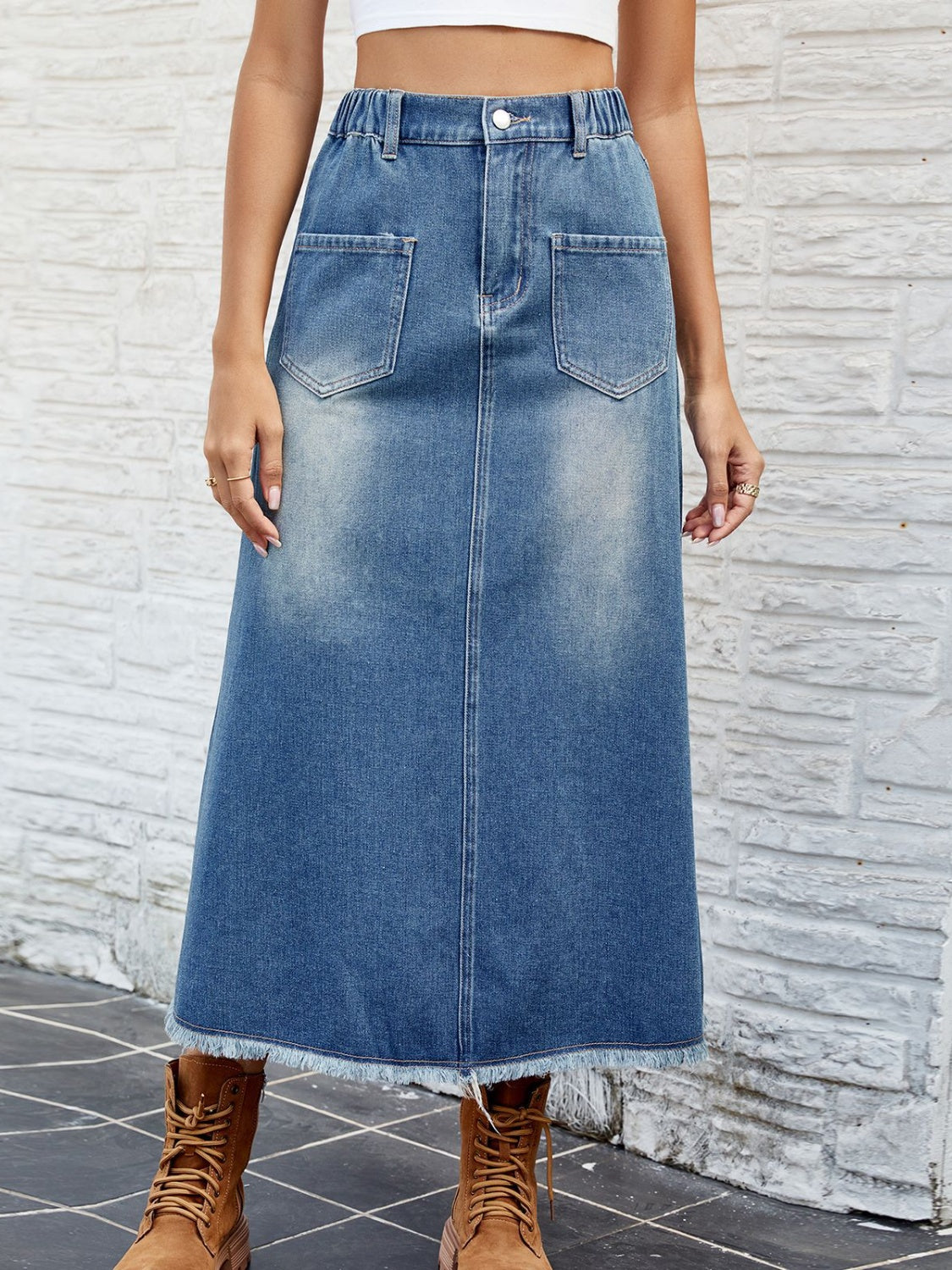 Raw Hem Buttoned Denim Skirt with Pockets - Myfave Denim