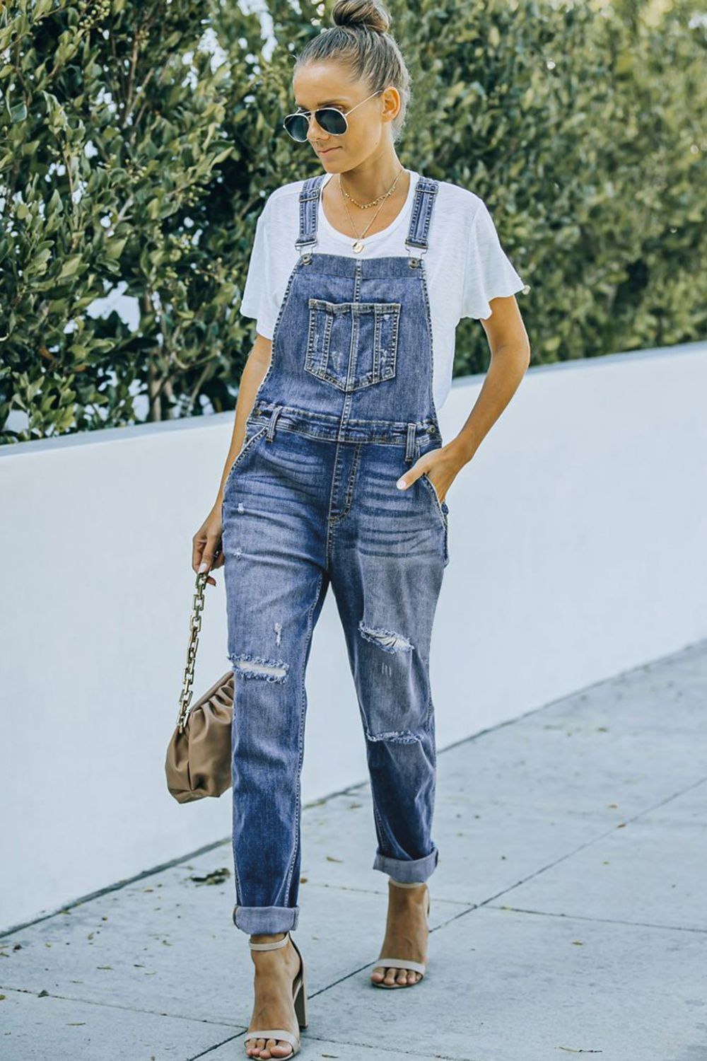 Pocketed Distressed Denim Overalls - Myfave Denim